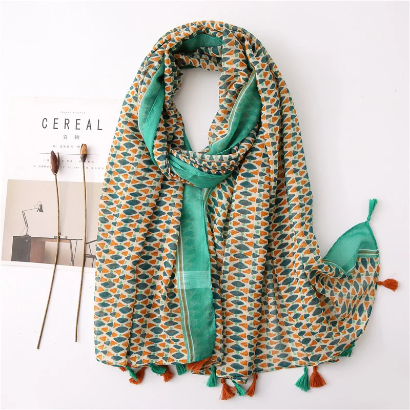 

2020 Spring Geometry Print Scarf Shawls Geometric Tassel Long Wrap Viscose Hijab Free Shipping