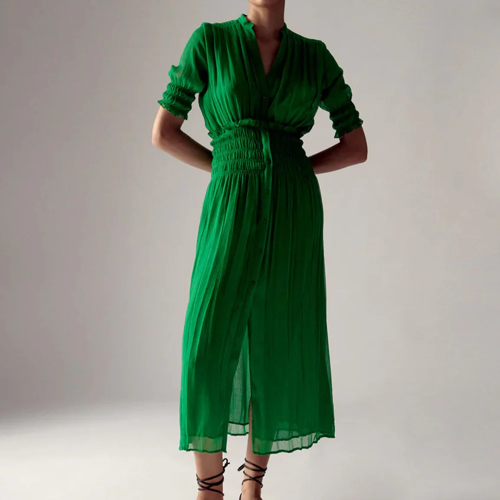 

XNWMNZ Za 2021 Pleated Dress Woman Green Chiffon Summer Long Dress Women Elastic Waist Ruched Short Sleeve Elegant Red Dresses