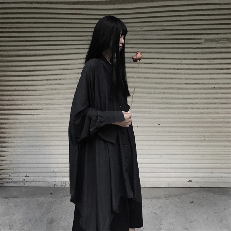 Style Harajuku Grunge Black Shirt Women Halloween Costume Long Sleeve Asymmetric Yamamoto Oversize Spring Autumn Normcore