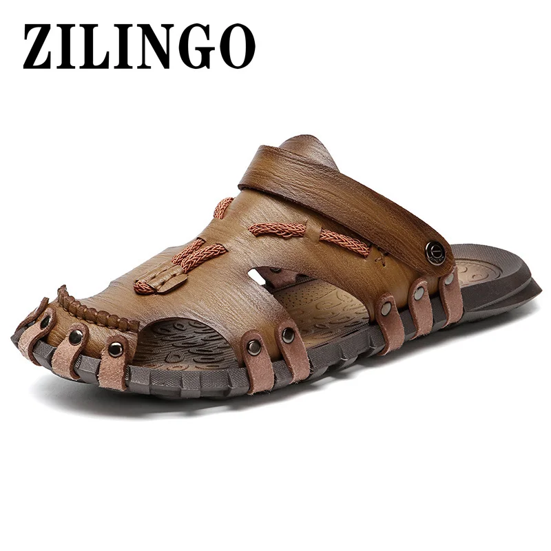 

New Men's Sandals Roman Sandals Comfortable Breathable Summer Leather Casual Shoes Outdoor Beach Man Slipper Sneakers Size 38-48