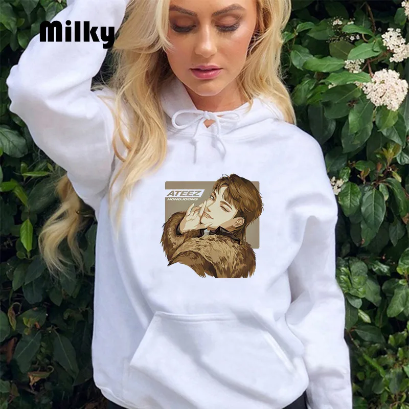 

Толстовка ATEEZ Kpop с капюшоном для мужчин и женщин, корейский стиль, в стиле Харадзюку, худи в эстетическом стиле, осенняя Женская милая кофта с...