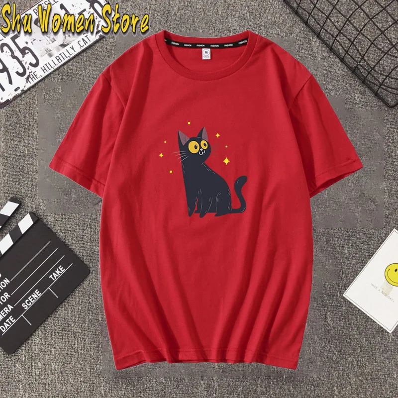 Черная футболка в стиле Харадзюку женские топы с принтом виде мультяшного кота и