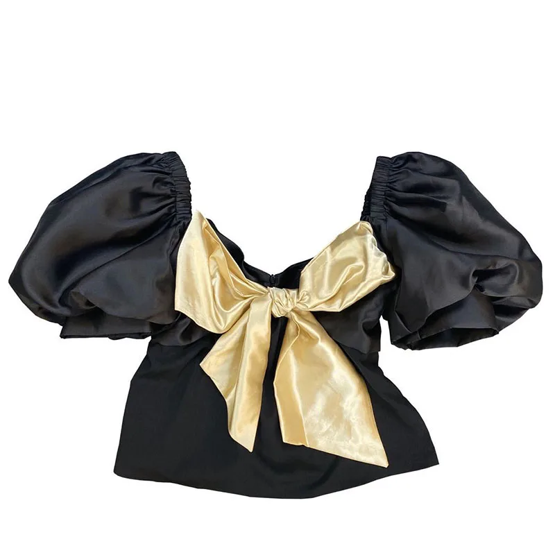 

2021 Summer New Fashion Temperament Blouse Women's Square Collar Retro Puff Sleeve Blusa Hit Color Bow Shirt GL011