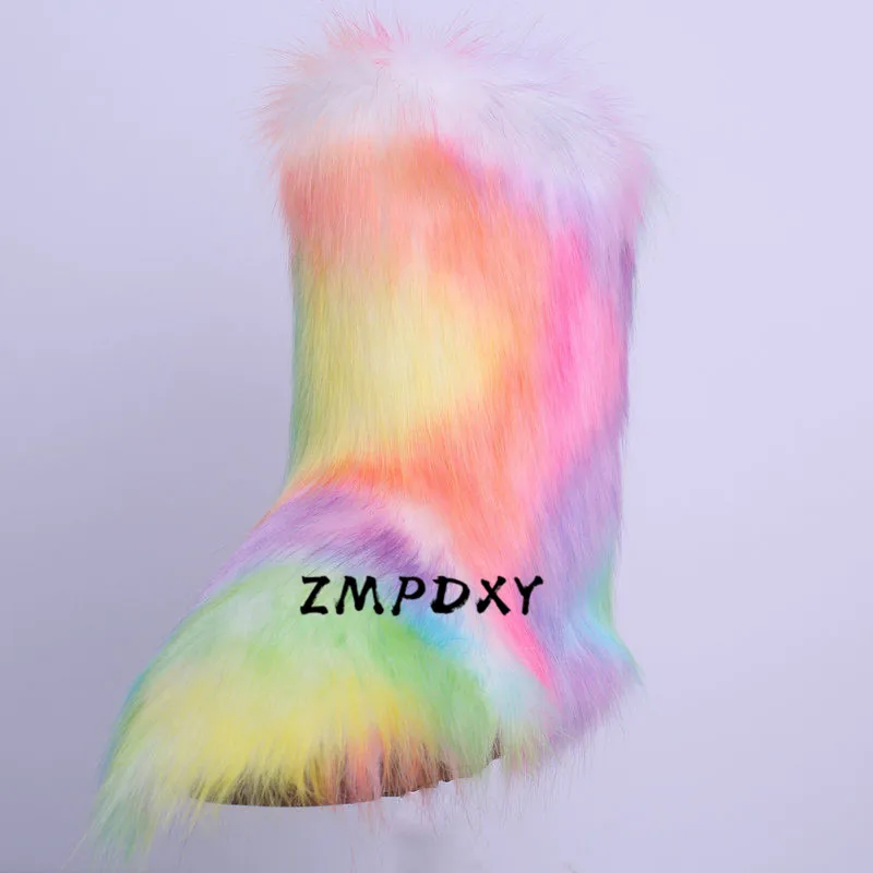 Зимние женские меховые ботильоны из искусственного лисьего меха высокие зимние