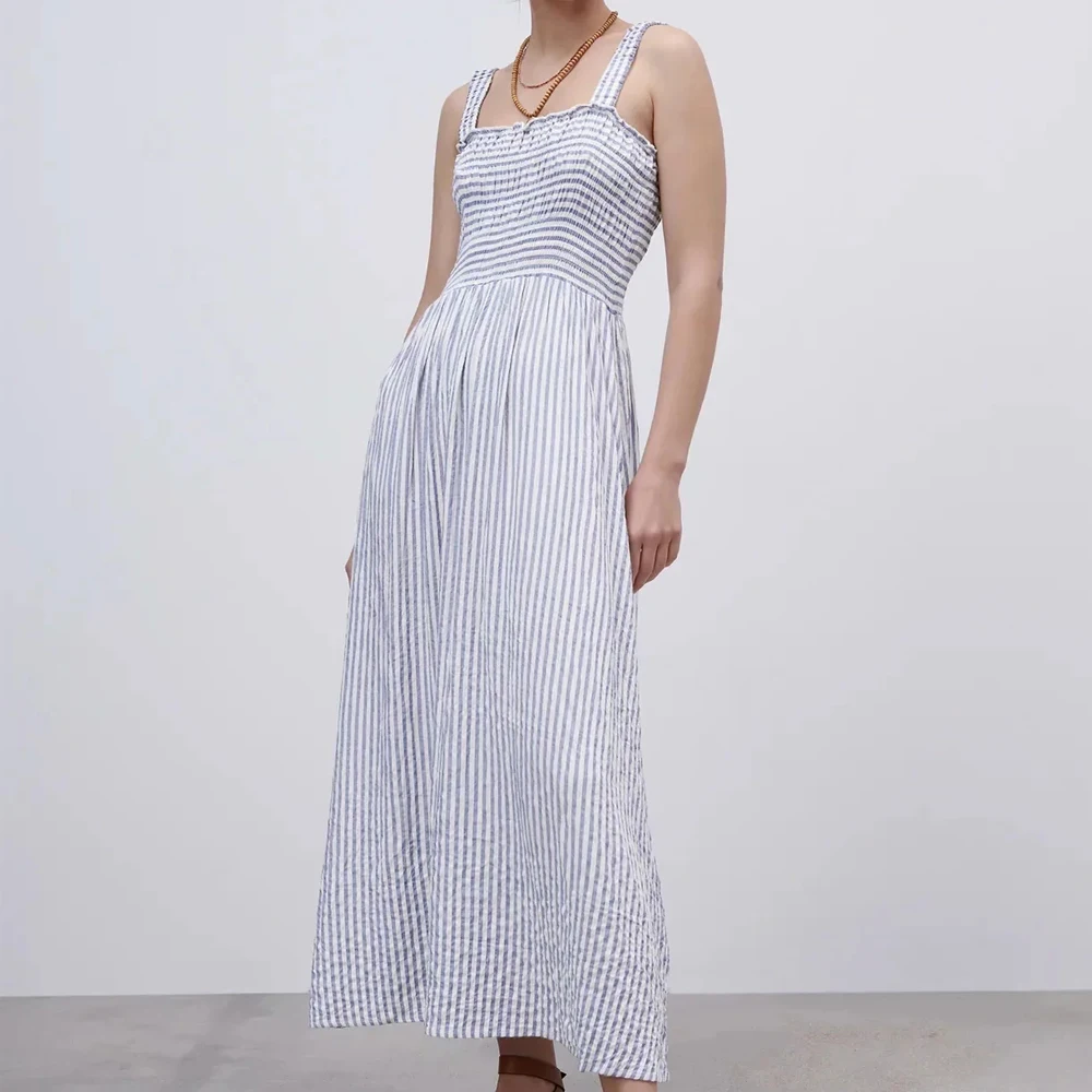 

2021 Summer Middle length Sling Dresses Fashion Striped Strap Vestidos Women Slim sleeveless stretch Bandage Midi Dress Lady