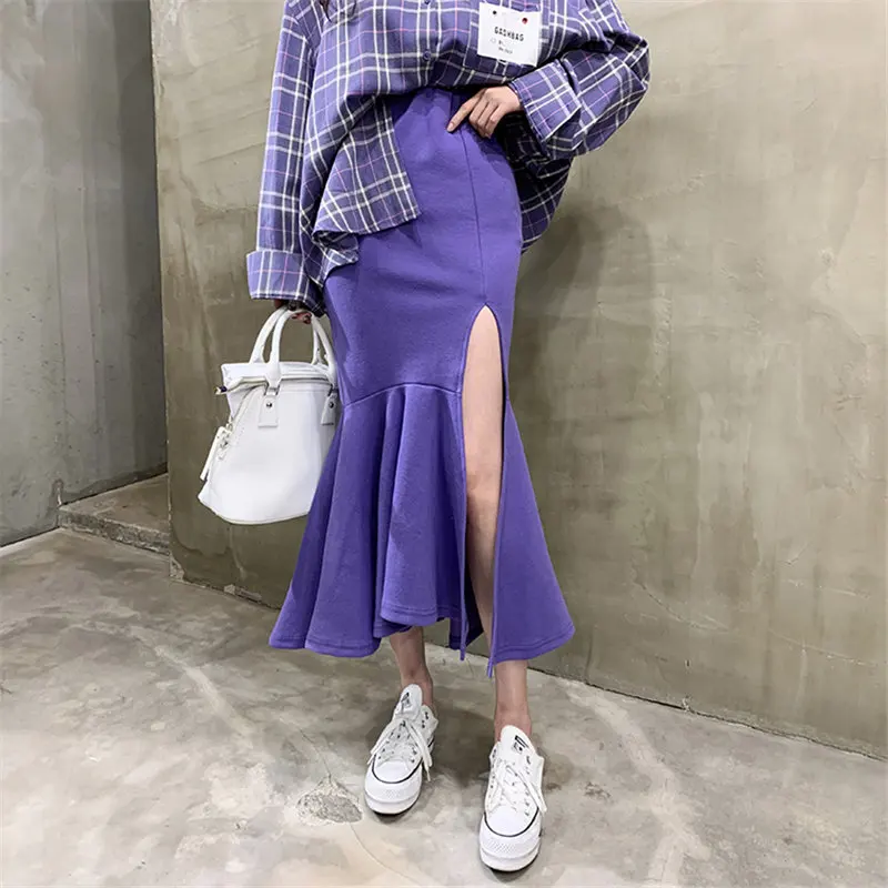 

HziriP Purple Solid Chic Split Gentle Slim Trumpets 2020 Feminine Stylish Ruffles Sexy Women Mermaid Sweet OL High Street Skirts