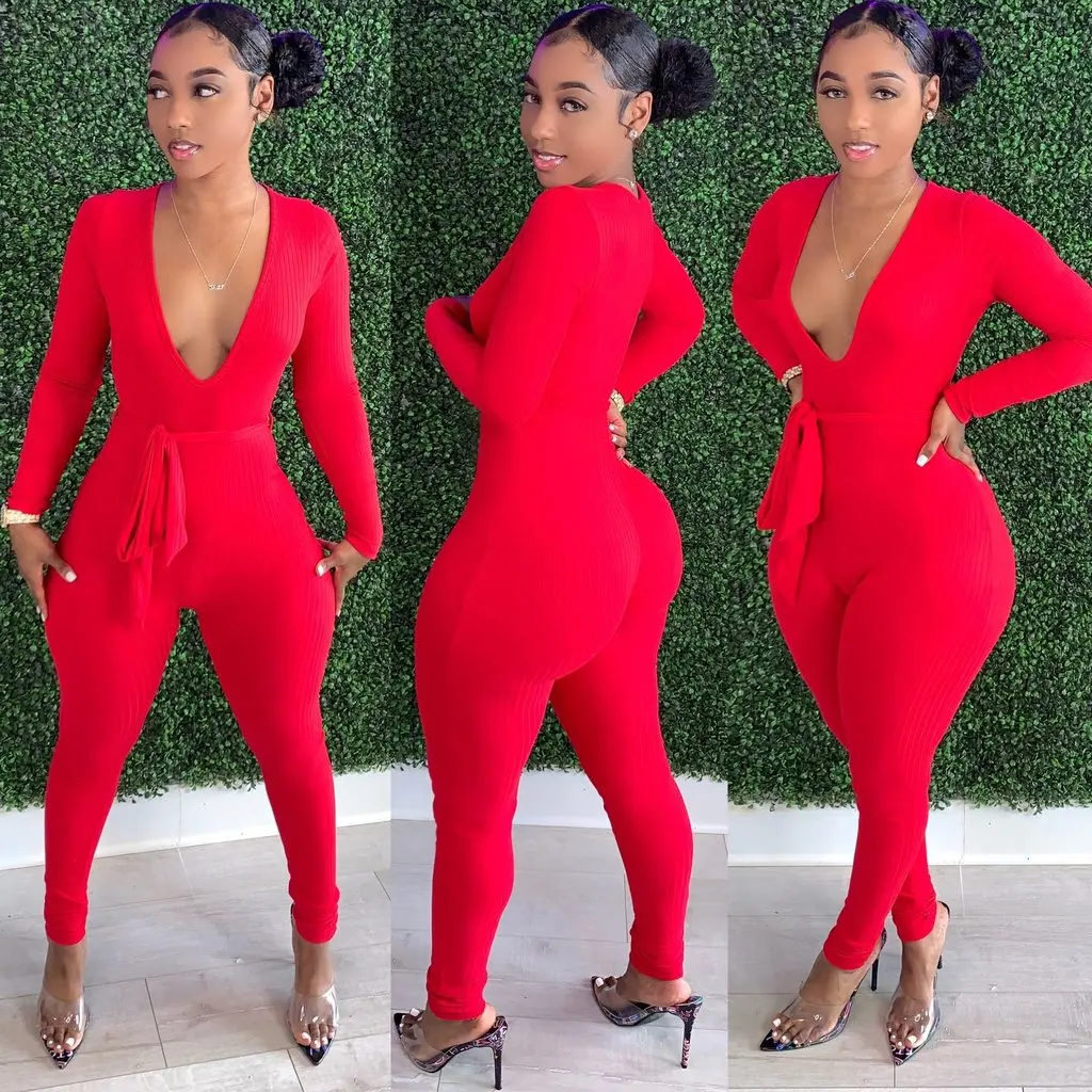Womens Fashion One Piece Bodysuit Jumpsuit Sexy Long Sleeve Knit Playsuits Casual  Body Suit  Rompers V-Neck Outfits Tracksuit