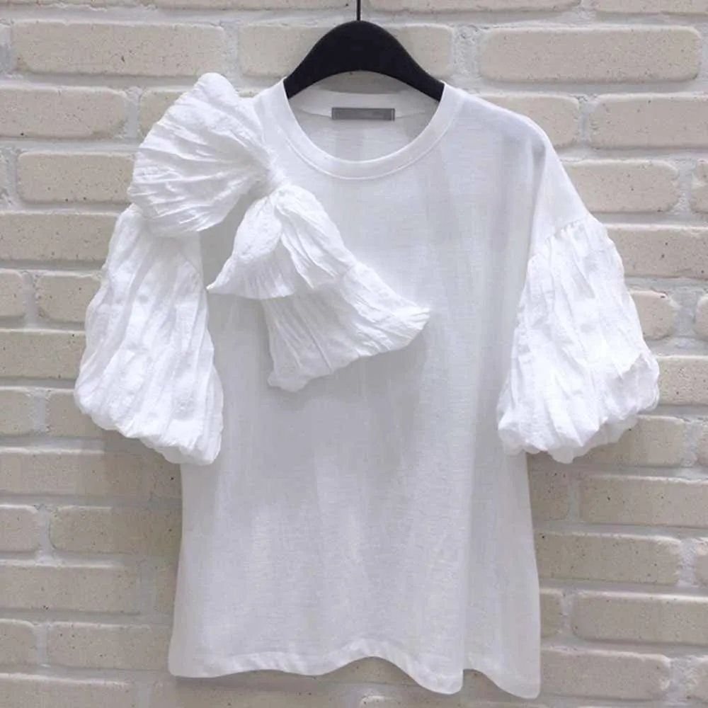 

New Fashion Bow Designed Folds Tshirt Women 2021 Summer O-neck Puff Sleeve Ladies Tops Simple Solid All Match Femme Tee