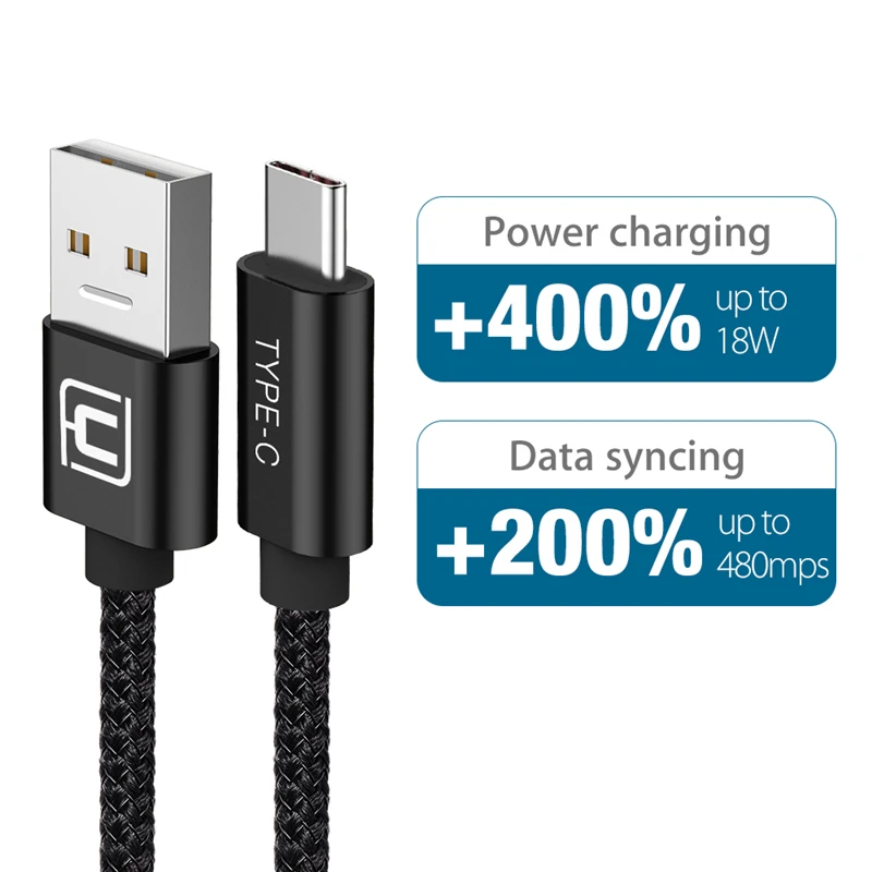Кабель USB Type C 2m Поддержка QC 3 0 Быстрая зарядка 200 см кабель для Samsung Galaxy S9 Type-c черный