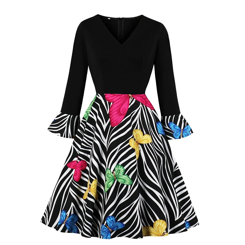 

Women's Vintage Flare Sleeve Dress V-Neck Retro Stitching Flowers Print A-line Big Swing Elegant Cocktail Party