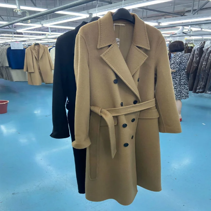 

SHZQ 2021 зимнее корейское двубортное пальто ручной работы с поясом на шнуровке свободного размера длинное черное пальто из 70% шерсти женское п...