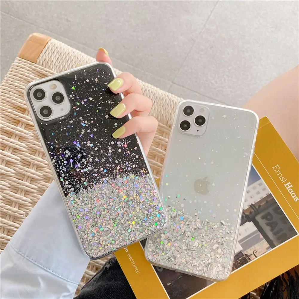 

Transparent Glitter Coque Phone Case For iPhone 11 12 Por Max XR X XS 7 8 Plus Shockproof Cute Smartphone Back Cover Fundas Capa