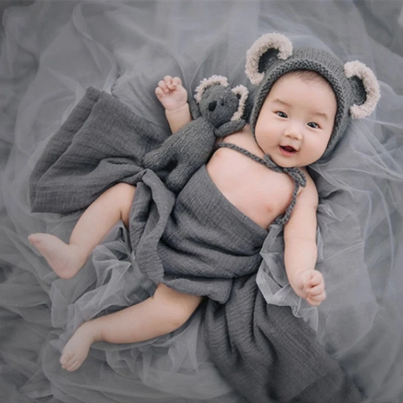 

N7ME 3Pcs/Set Newborn Photography Props Suit Knitted Jumpsuit Rompers with Beanie Hat Stuffed Animal Koala Doll Toy Infant Baby