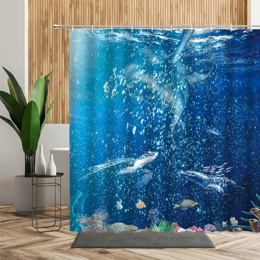 

3D Underwater World Shower Curtains Colored Sea Fish Coral Sailing Boat Home Bath Screen Waterproof Cloth Bathroom Decor Curtain