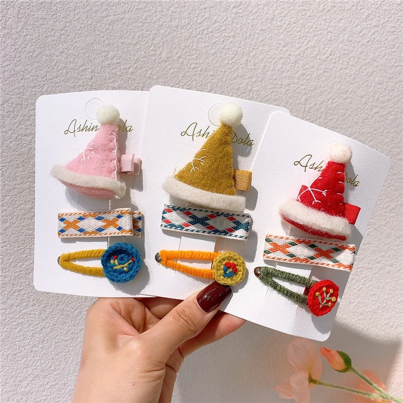 

New Autumn and Winter Children's Cute Wool Felt Christmas Hat Hairpin Sweet Girl Embroidery Wool BB Clip Plaid Hair Accessories
