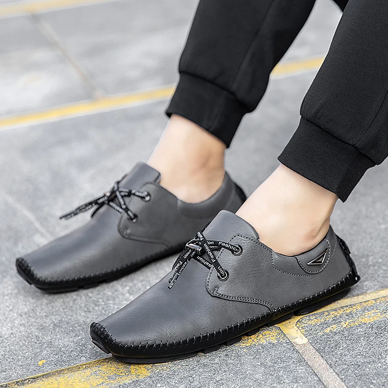 

2021 Spring and Autumn Men's Casual Shoes Leather Shoes Low-top Round Toe Solid Color Peas Shoes One Pedal Lazy Shoes