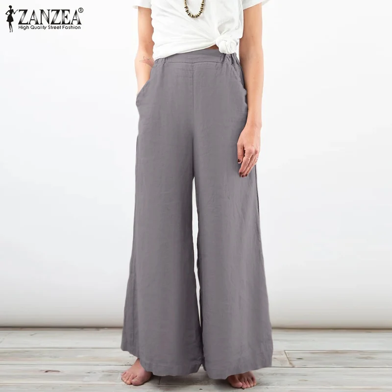 

Брюки ZANZEA женские с эластичным поясом, повседневные однотонные Длинные Мешковатые хлопковые штаны, брюки палаццо, на лето