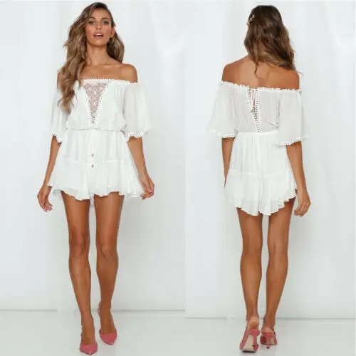 

2019 Hot Sale Stylish Women's Off shoulder Boho Jumpsuit Playsuit Romper Summer Regular Party Beach Shorts White S-XL