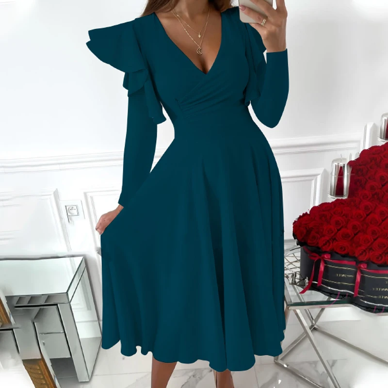 

Oversize Sexy V-Neck Office Lady Dress Ruffle Long Sleeve Knee-length Dresses For Women Casual Autumn Winter Elegant Solid Dress