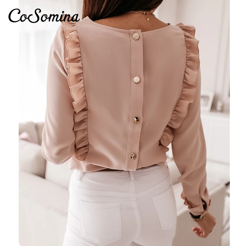 

CoSomina 2021 Autumn Women Blouse Shirt Elegant Ruffled Back Button Female Top Blouse Shirt O-neck Solid Office Ladies Top Shirt