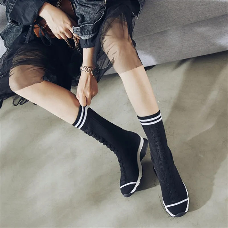 Новинка 2021 модные женские ботинки-носки вязаные короткие ботинки на платформе