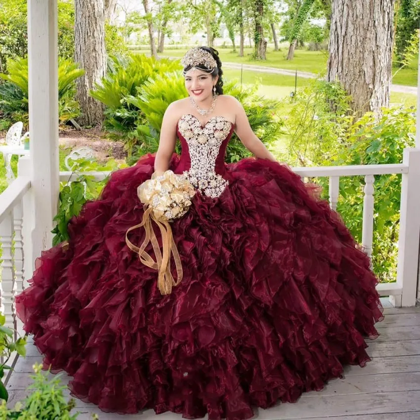 

Мексиканские девушки темного бордового цвета, платье Quinceanera, Женская юбка, украшенная бисером, хрустальное платье, платья 15 лет 2020