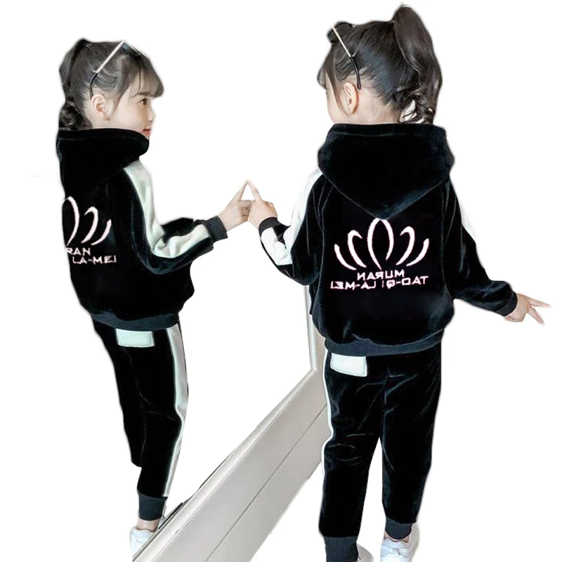 Girls Children's Winter Thick Velvet Warm Clothing Set 2Pcs Kids New Casual Tracksuit Children's Sportswear Suit  4-13 Years