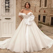 Vestido de noche Formal de satén con hombros descubiertos para mujer, blanco puro, elegante, con lazo, para baile de graduación, hecho a medida, novedad de 2022 (2)