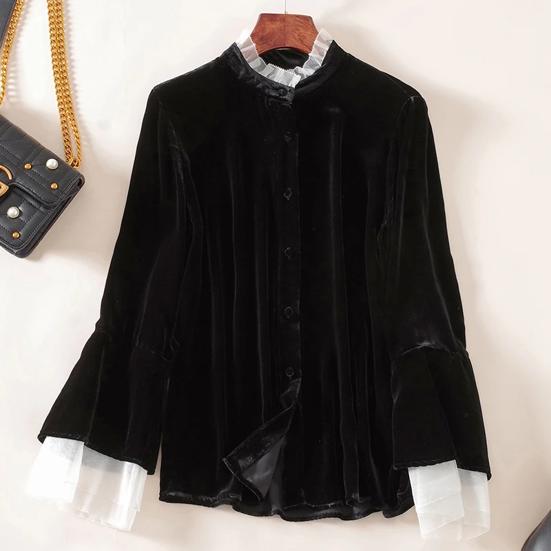 

Женская шелковая бархатная рубашка, Элегантная Лоскутная рубашка с воротником-стойкой и длинным рукавом, блузки, женская черная блузка, топ...