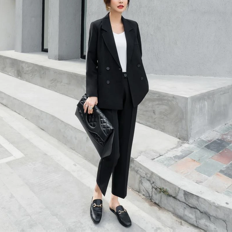 Осенний женский костюм комплект из 2 предметов повседневный Блейзер брюки с