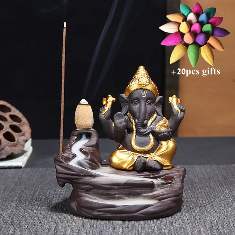 Gold-B Керамический Бог слон Ganesha курильница для благовоний горелка Индия водопад курильница подставка для ароматических палочек домашний декор+ 20 шт Бесплатные конусы - Цвет: Gold-B