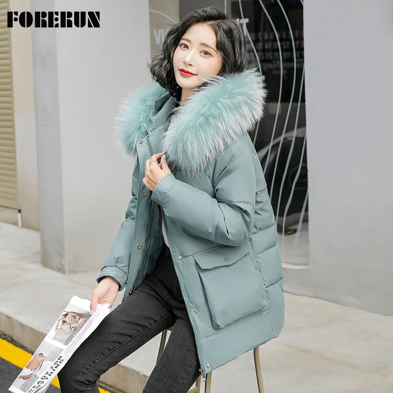 

FORERUN Puffer Jacket Women Winter Hooded Fur Collar Oversized Cotton Padded Korean Fashion Warm Bubble Coat Manteau Femme Hiver
