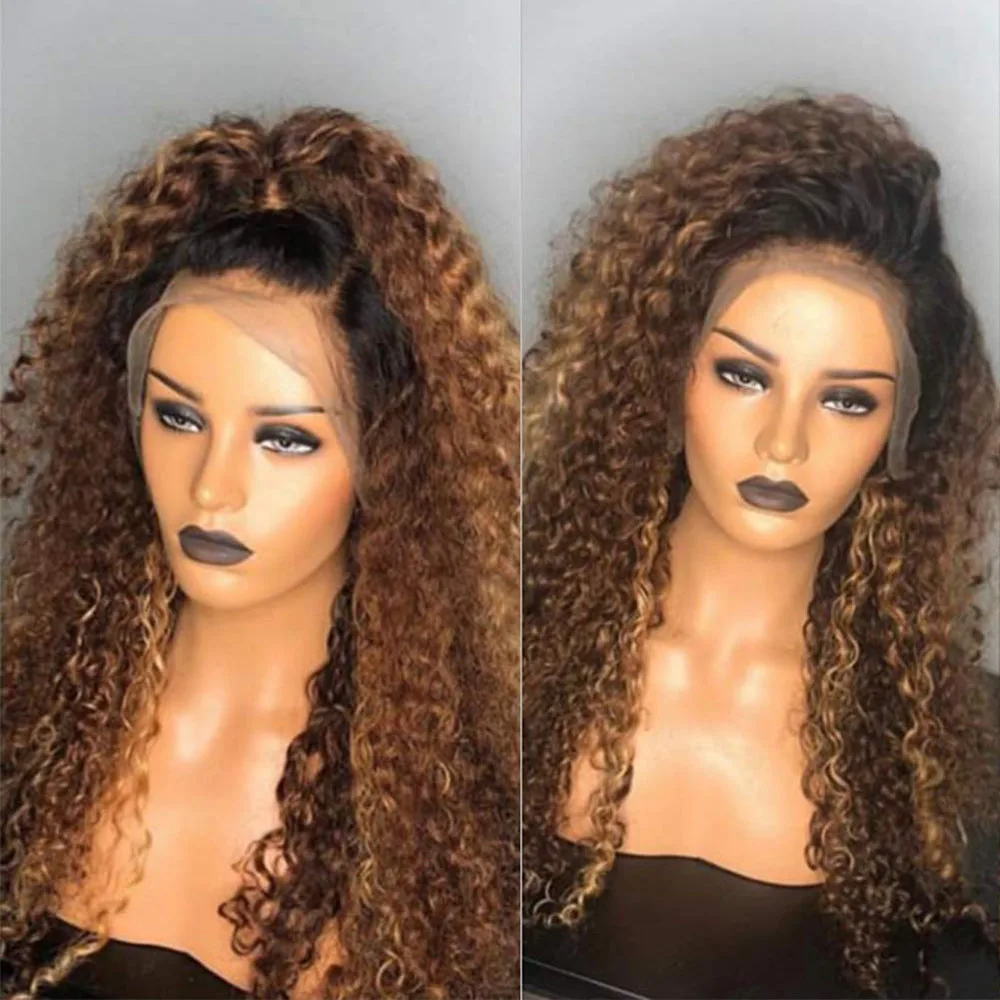 Honey Blonde Highlight Tight Curly Human Hair Lace Front Wigs Preplucked Frontal Remy For Black Women | Шиньоны и парики