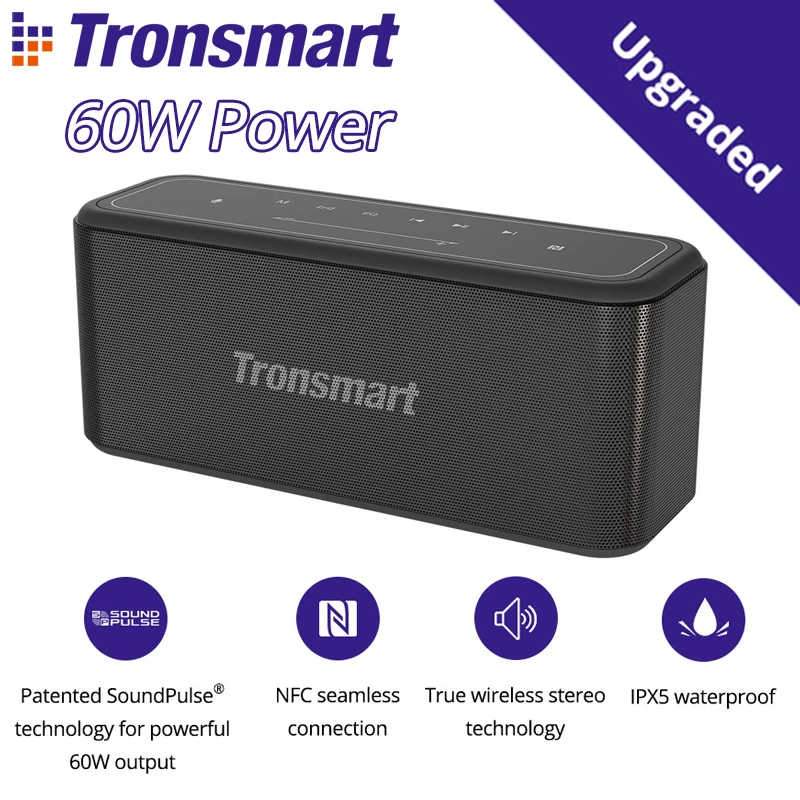 60W Power Tronsmart Mega Pro For Bluetooth 5.0 Speaker Portable Speaker Enhanced Bass Column with NFC, IPX5, 10400mAh battery