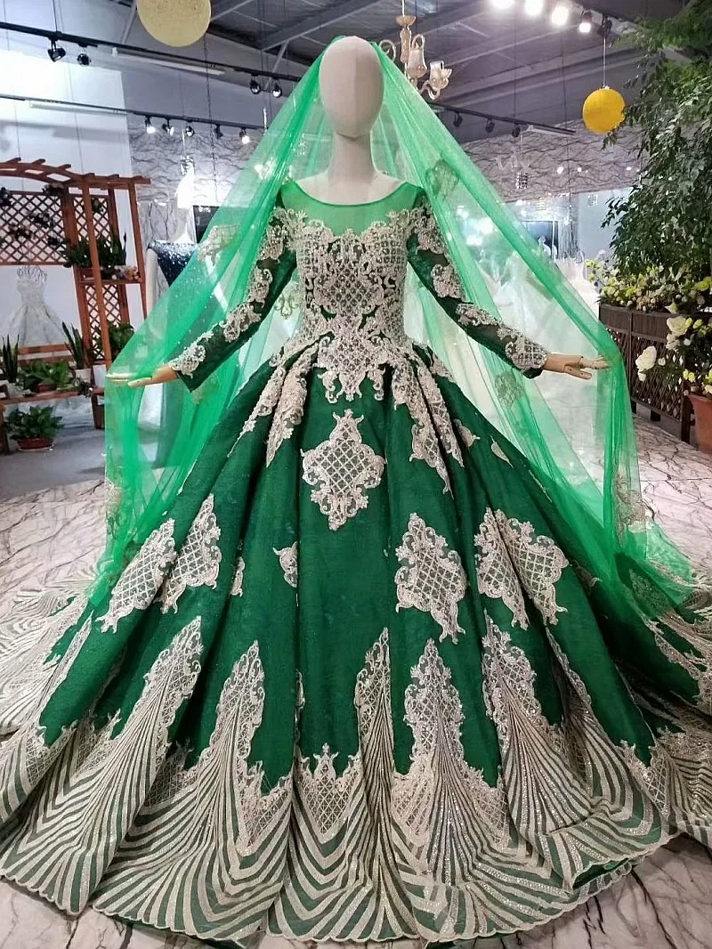 BGW 22020ht Muslim Color Wedding Dress With Long Veil O-neck Long Sleeve Green Wedding Gown 2020 Latest Design Best Seller List