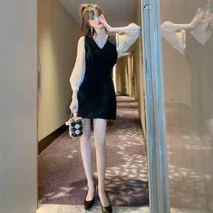 Женский офисный комплект из двух предметов, сетчатая блузка с длинным рукавом и майка, Черное мини-платье, Осень-зима 2020