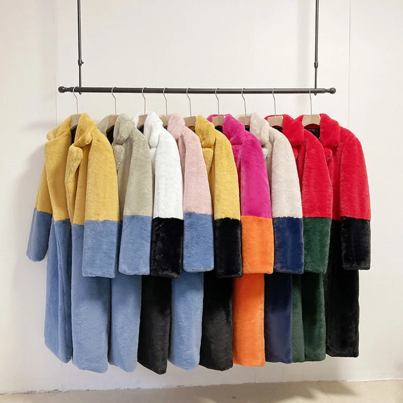 

2021 New Women Winter Warm Faux Fur Coat Color Patch Thick Women Long Coat Turn Down Collar Women Warm Fur Coat