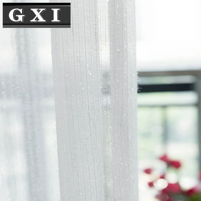 

GXI White Tulle Curtains for Living Room Shiny Silver Striped Kitchen Modern Voile Sheer Window Treatments Kitchen Cortinas