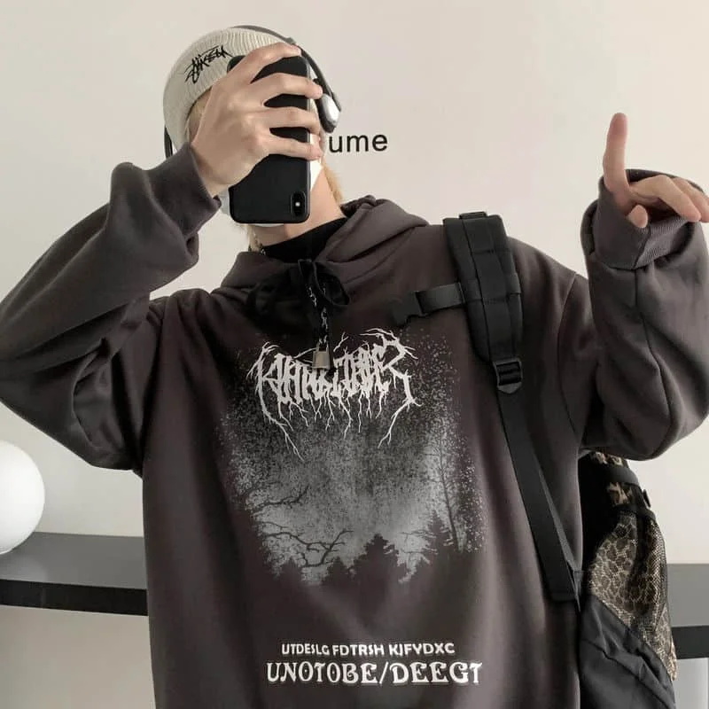 

Sweatshirts Men's And Women's Fashion Hip-hop Street Blasting Dark Black Lightning Print Plush Hooded Men's And Women's Print