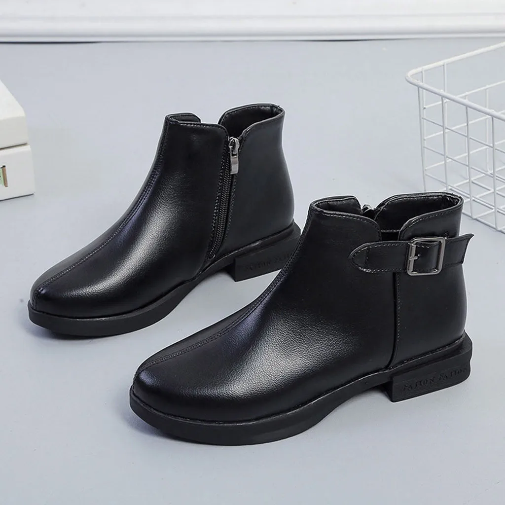Fashion Pure Color Pointed Toe Zipper Boots Square Heels PU Leather Woman Shoes Buckle Strap Vintage Women botas mujer | Обувь