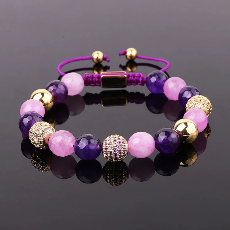 

High Quality 10mm Natural Stone Purple Jade Beads Friendship Macrame Bracelet Women