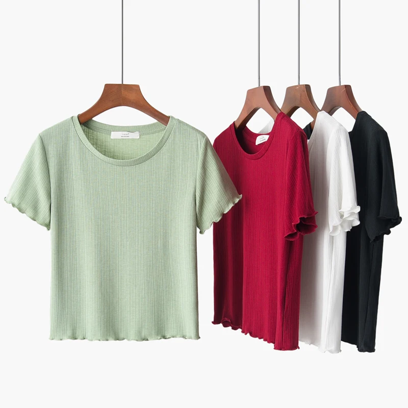 Женский короткий топ с круглым вырезом базовая эластичная футболка коротким