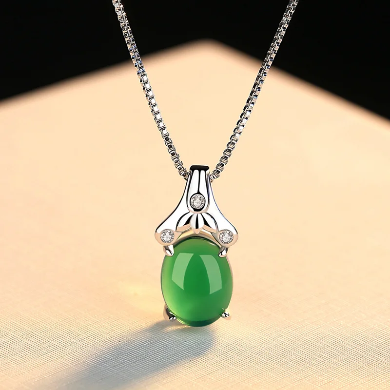 Natural Green Jade Chalcedony Round Pendant Agate 925 Silver Necklace Fashion Charm Jewelry Carved Amulet Gifts for Her Women | Украшения и