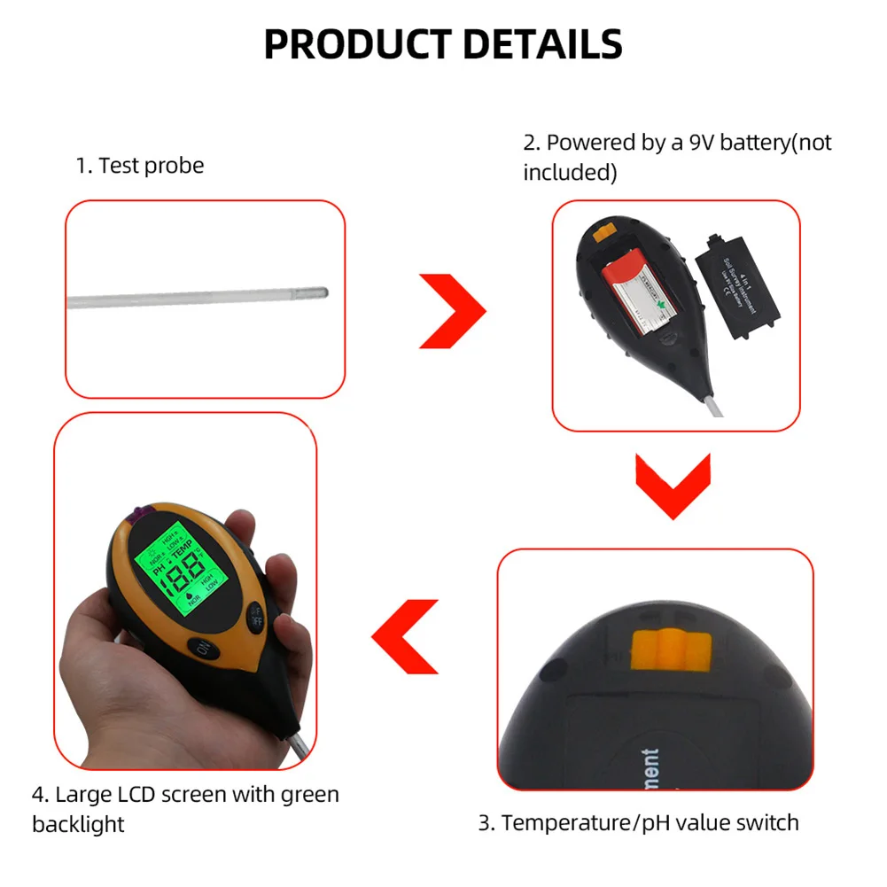 

4 in 1 Digital Soil PH Tester LCD Display Soil Tester PH Moisture Temperature Light Analyzer Test Meter for Garden Plant Flower