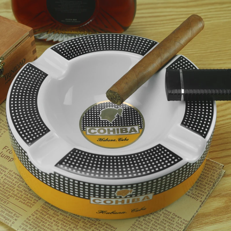

COHIBA Round Cigar Ashtray Holder COHIBA High-End Ceramic 4 Slots Ceramic Ashtray Cigar Smoking Sets Accessories