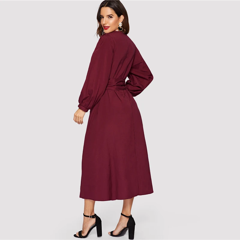 SHEIN Платье На Пуговицах С Поясом Элегантное Платье С V-Образным Вырезом Для Женщин
