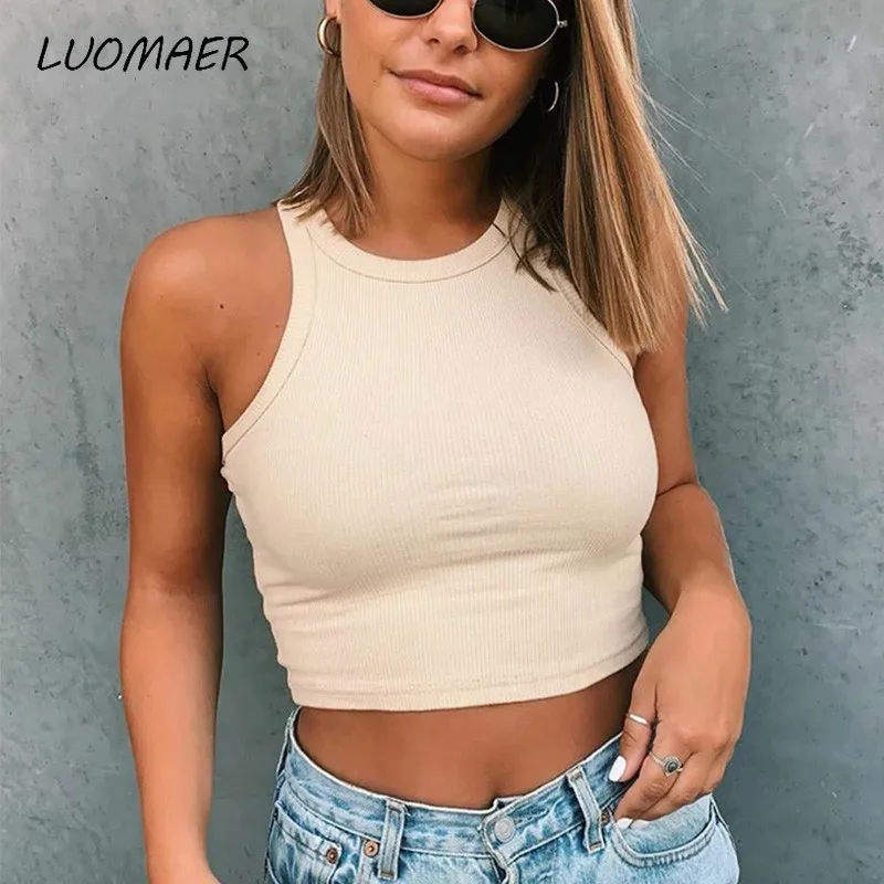 

Luomaer Ribbed Tank Summer Tops Woman Knitted Cotton Vest Club Streetstyle Basic Solid Black White Bodycon Sexy Crop Top Women