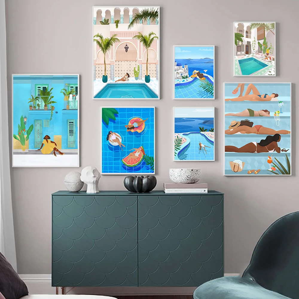 

Миниатюрный женский постер Aarons у бассейна, Художественная печать, летняя Настенная картина, искусство на холсте, картины для украшения комн...