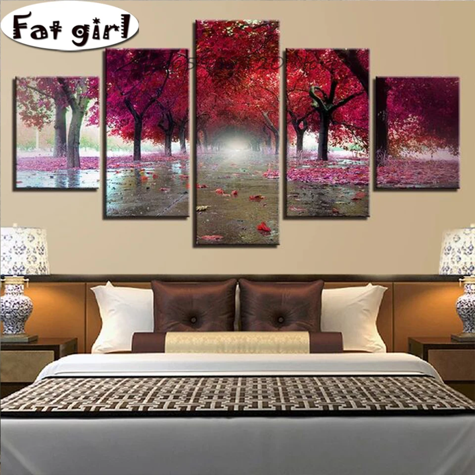 5D алмазная живопись ручной работы 5 панелей с красными листьями деревом пейзажем