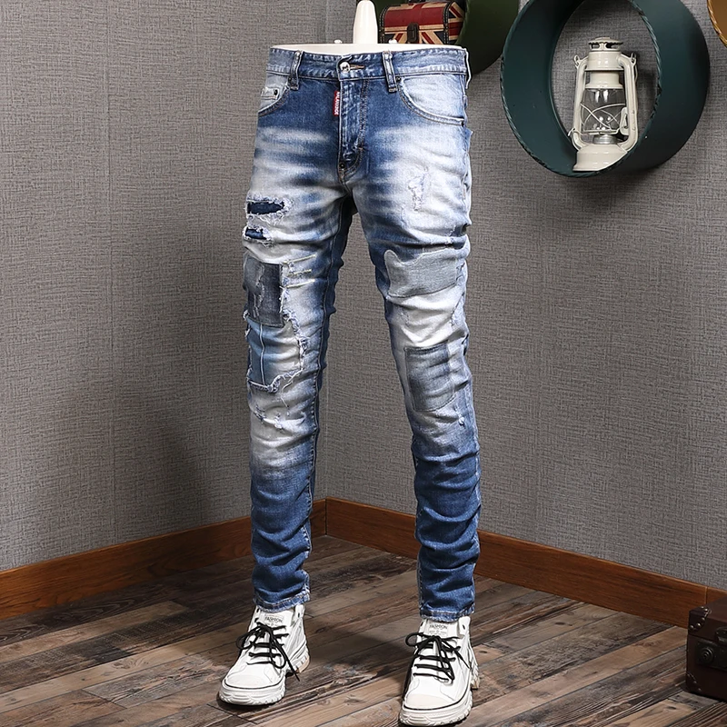 Street Style Fashion Men Jeans High Quality Retro Light Blue Elastic Slim Fit Ripped Jeans Men Patchwork Designer Hip Hop Pants